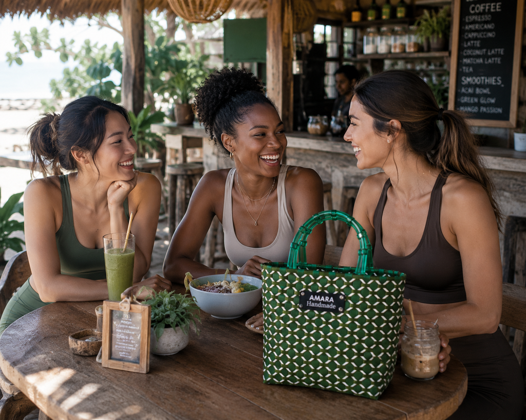 AMARA Handmade Woven Bag Emerald Glass Handle Edition