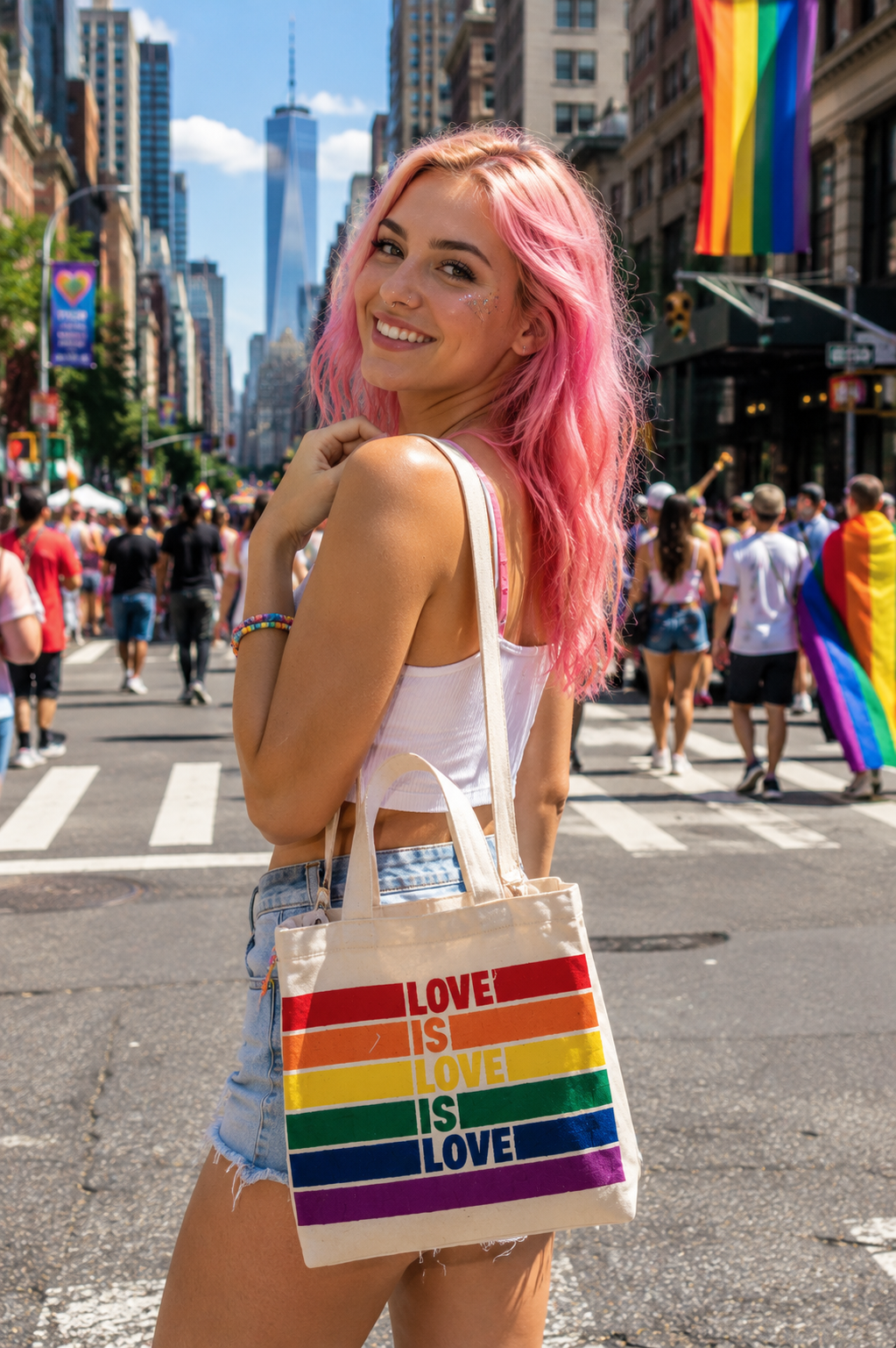 Pride Day Canvas Crossbody Bag, Love Is Rainbow Heart Design