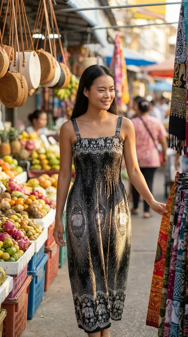 Thai Elephant Maxi Dress  Strap Summer Boho Dress