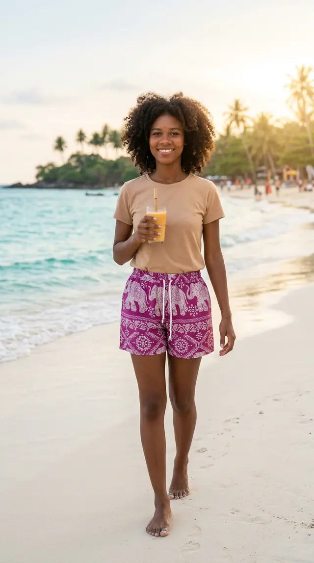 Thai Elephant Shorts  Lightweight Silk Boho Shorts