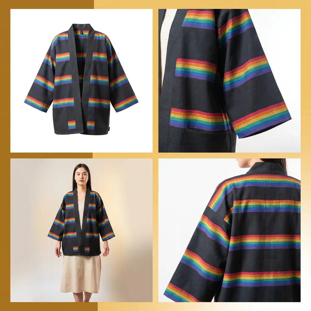 Pride Rainbow Cotton Yukata Robe, Thai Woven Festival Cover-Up