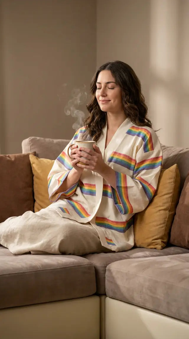 Pride Rainbow Cotton Yukata Robe, Thai Woven Festival Cover-Up