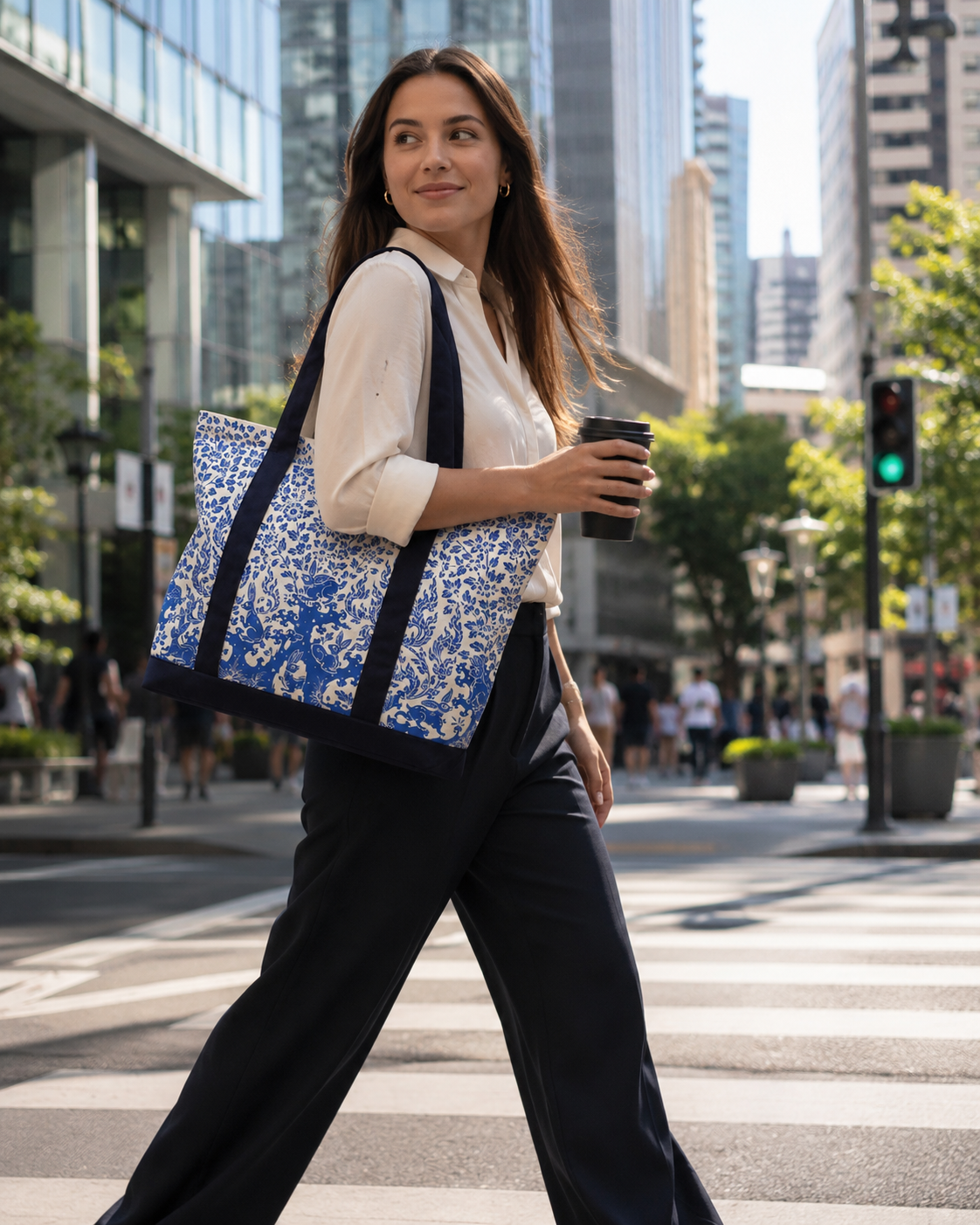 Blue & White Rabbit Canvas Tote Bag Elegant Thai Design