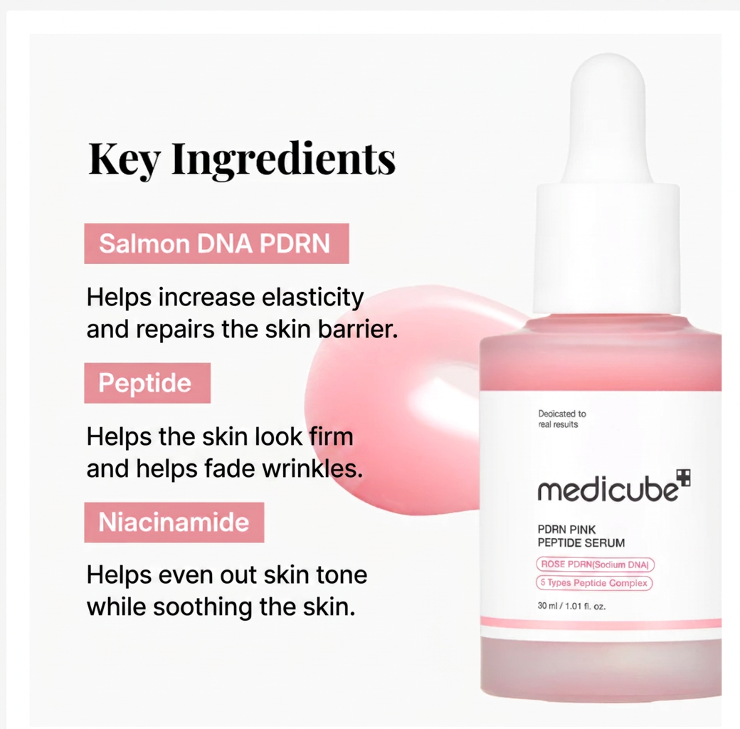MEDICUBE PDRN Pink Peptide Serum, Korean Peptide Serum for Radiant Glass Skin