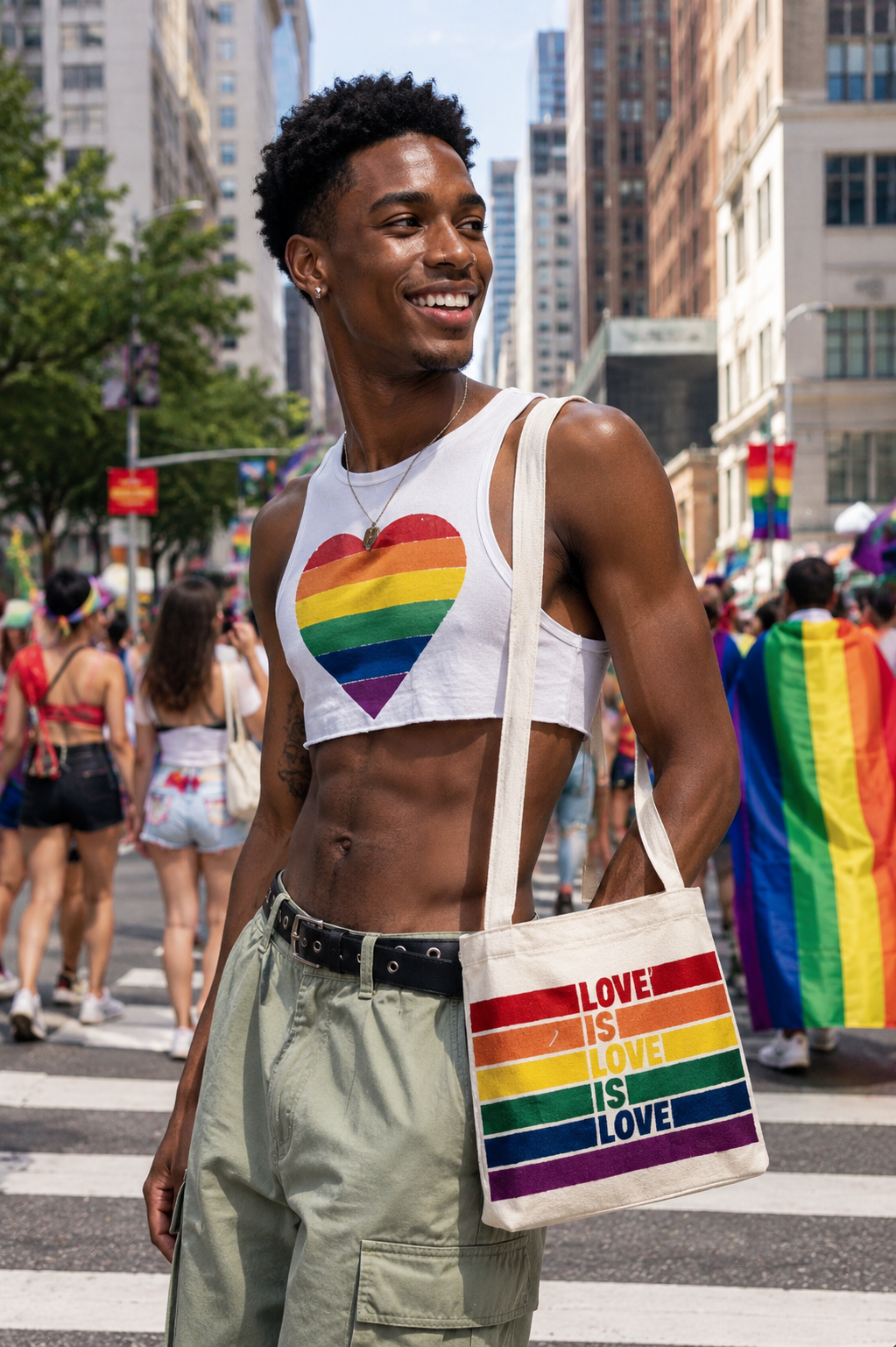 Pride Day Canvas Crossbody Bag, Love Is Rainbow Heart Design