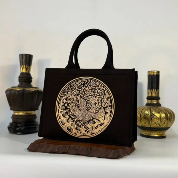 Garawak Bird Golden Tote Thai Premium Canvas Crossbody Bag