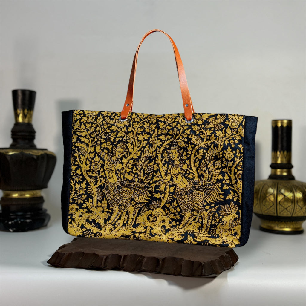 Golden Lotus Kinnari Canvas Bag Thai Cultural Tote with Leather Straps