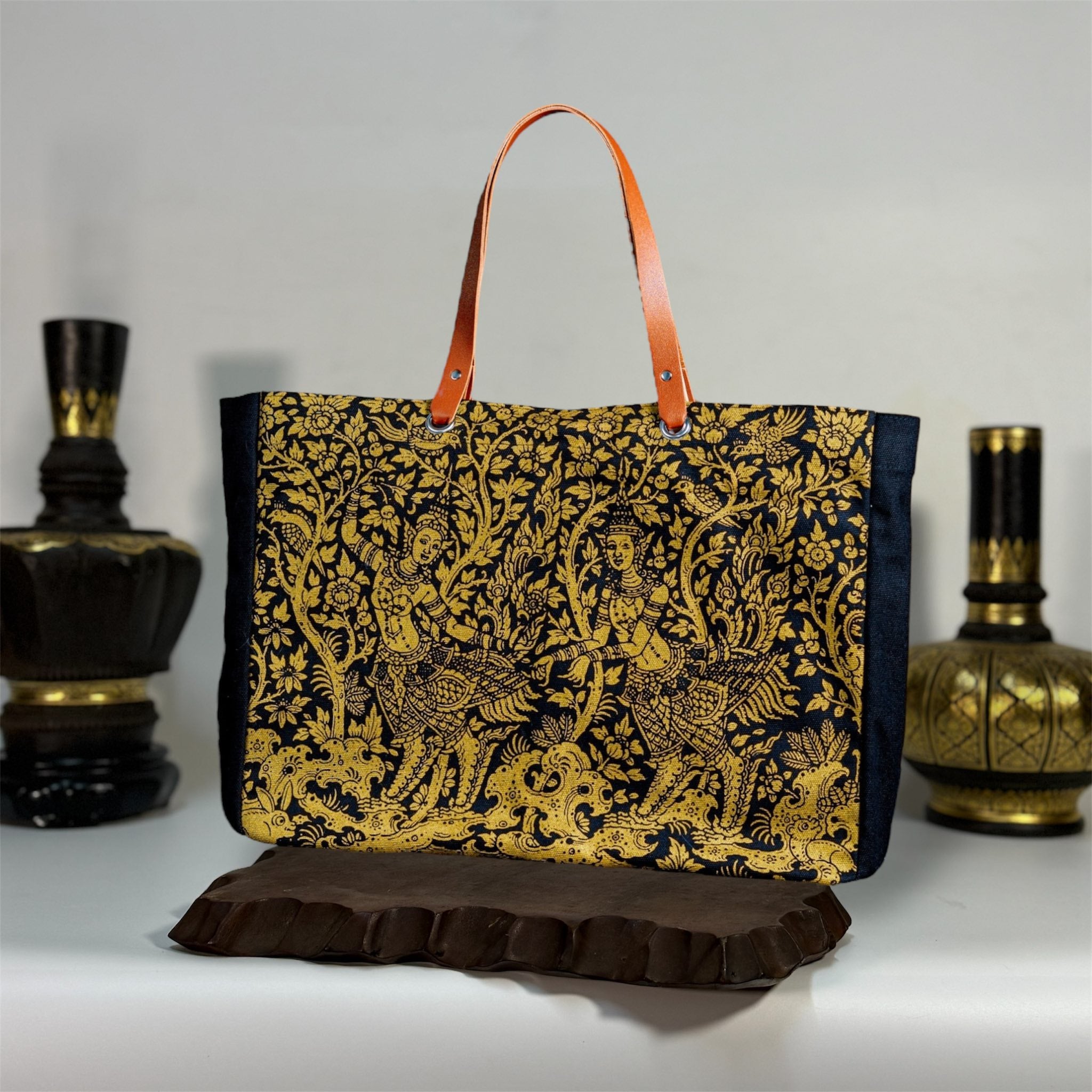 Golden Lotus Kinnari Canvas Bag Thai Cultural Tote with Leather Straps