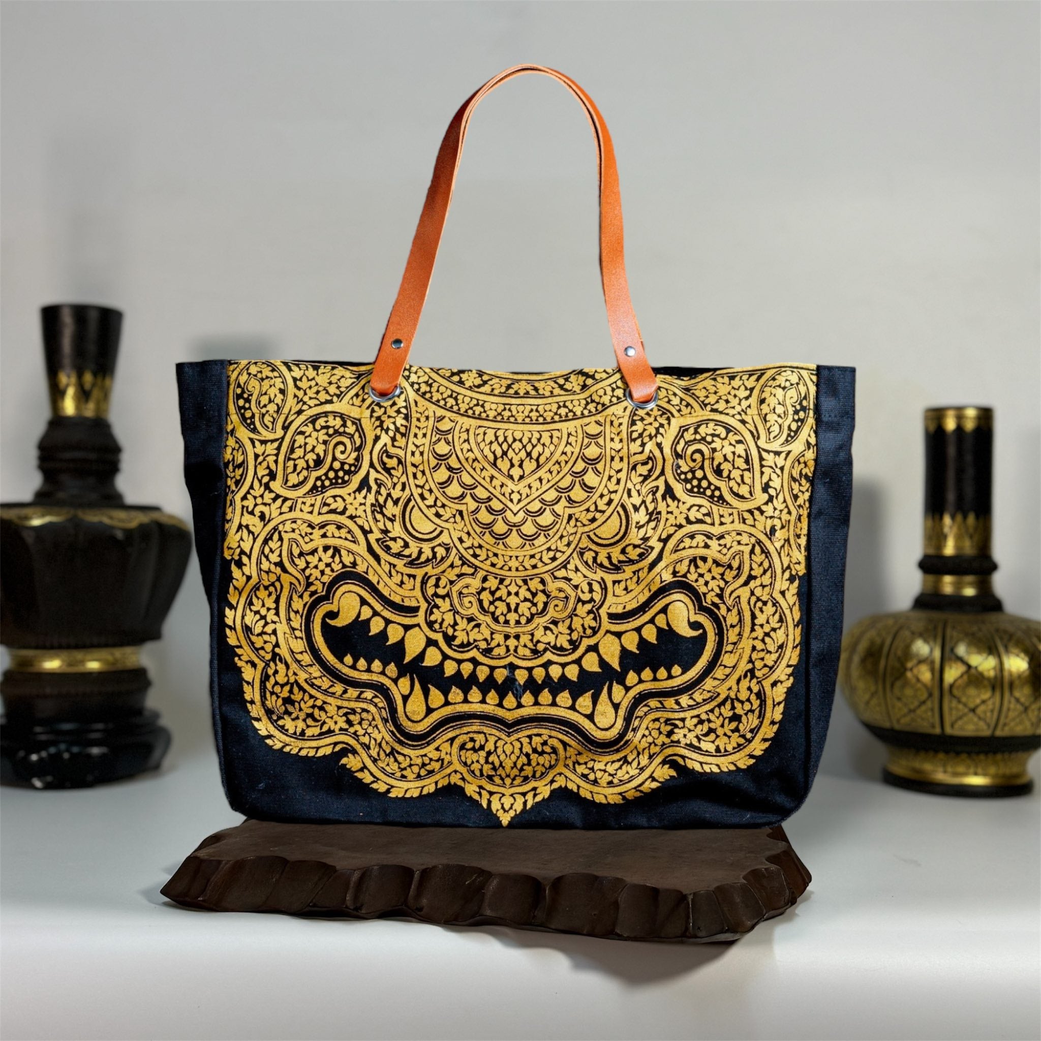 Golden Mythical Creatures Canvas Tote Thai Premium Bag with Leather Straps