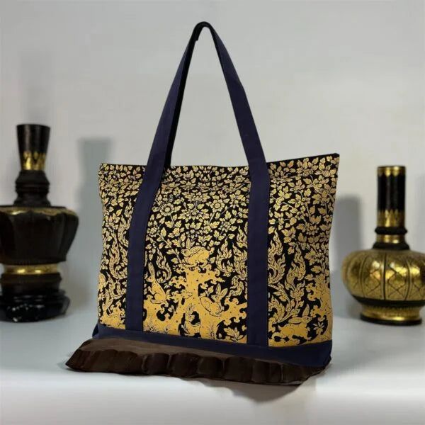 Golden Rabbits Canvas Tote  Elegant Thai Floral Design Bag