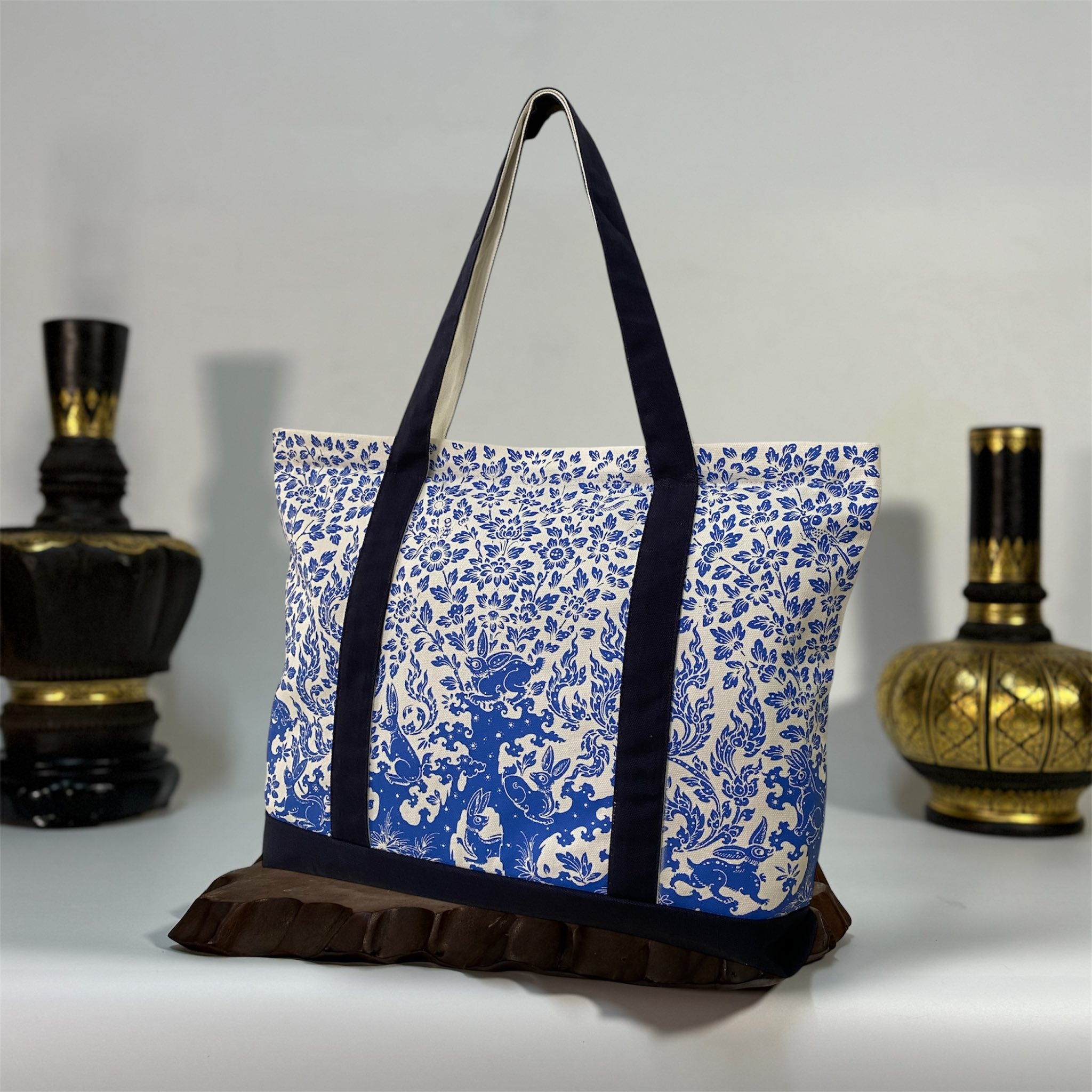 Blue & White Rabbit Canvas Tote Bag Elegant Thai Design