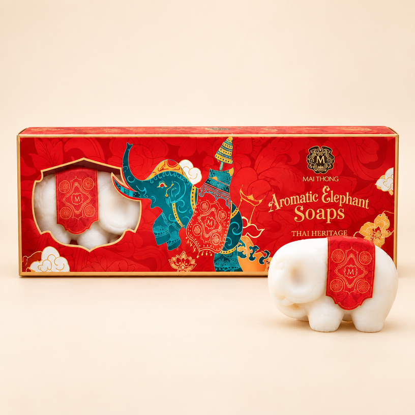 Coffret cadeau thaïlandais de 3 savons à la noix de coco Mai Thong en forme d’éléphant