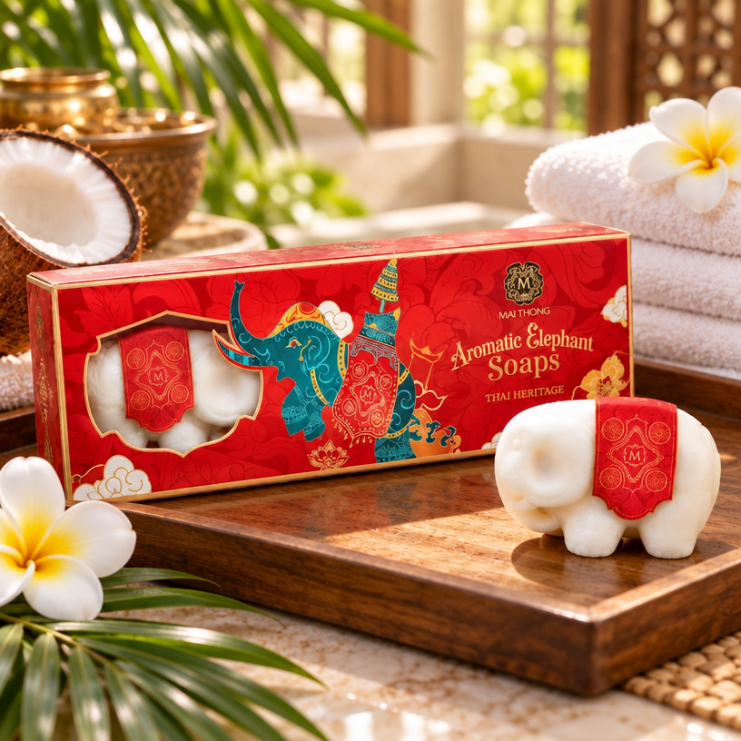 Coffret cadeau thaïlandais de 3 savons à la noix de coco Mai Thong en forme d’éléphant