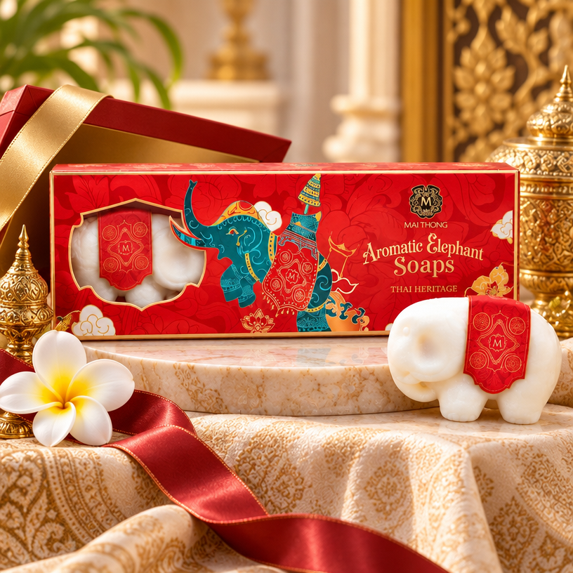 Mai Thong Elephant Kokosnuss-Seifen-Geschenkset – 3-teilige thailändische Geschenkbox