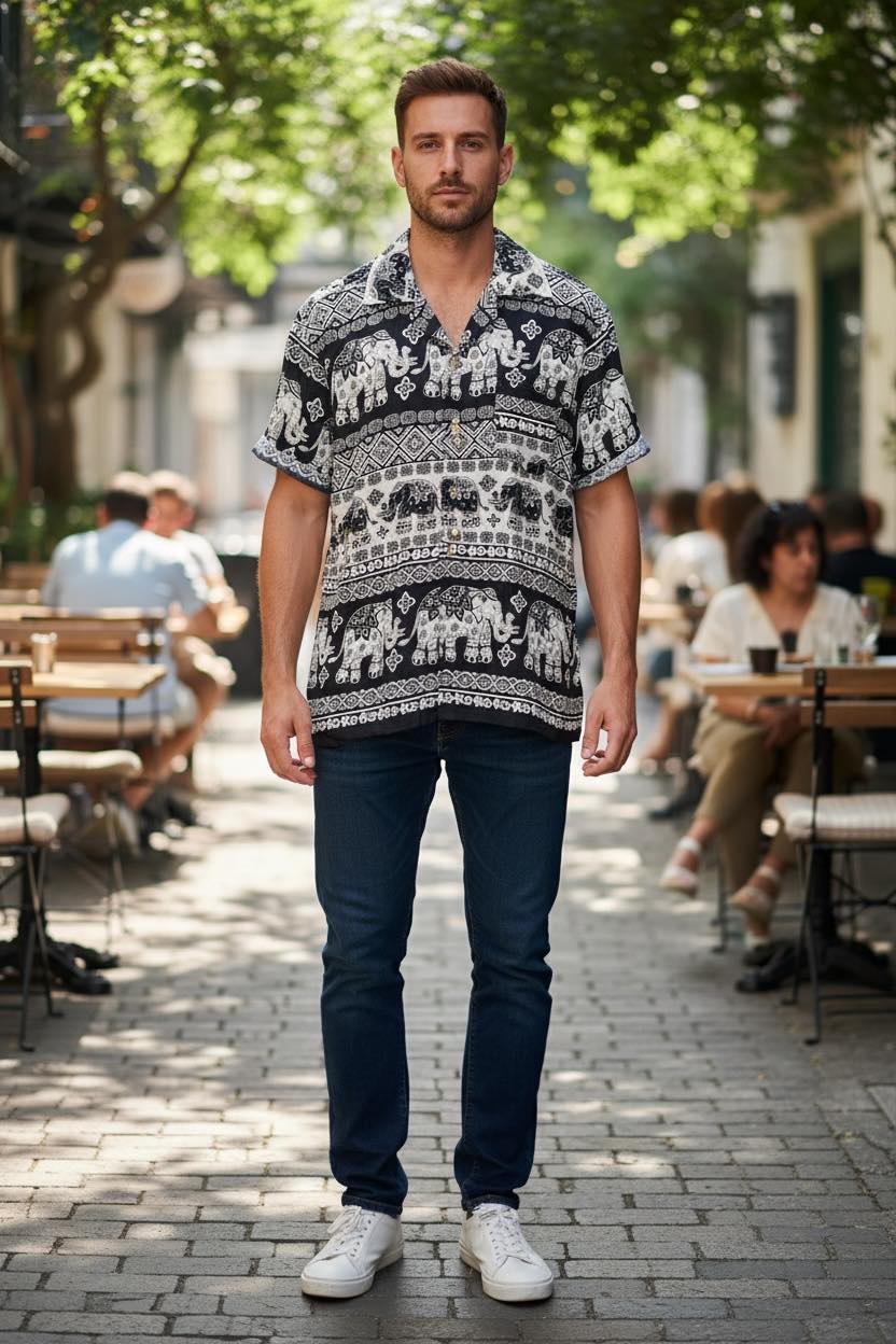 Thai Elephant Shirt for Men  Lightweight Summer Tropical Shirt