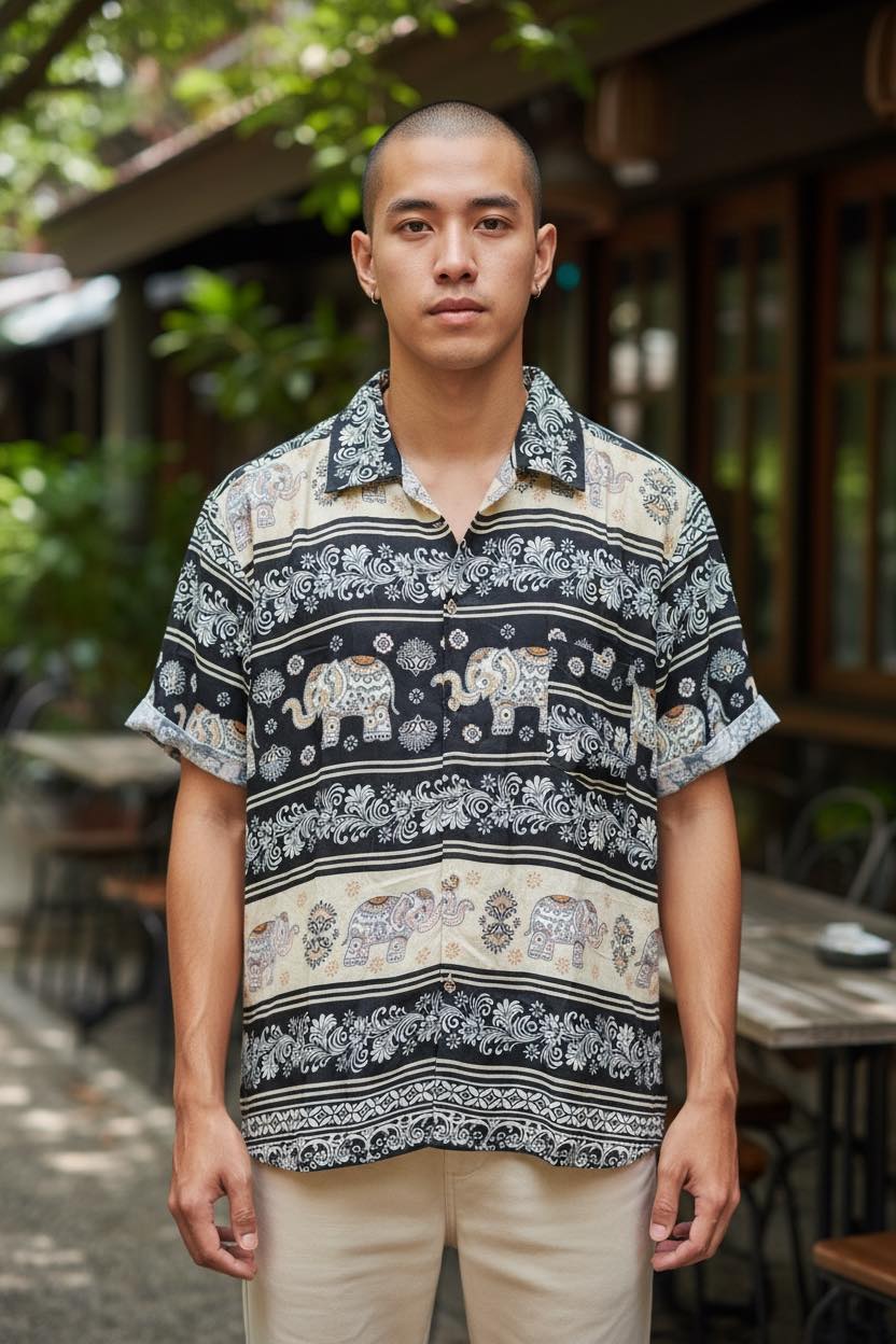 Thai Elephant Shirt for Men  Lightweight Summer Tropical Shirt