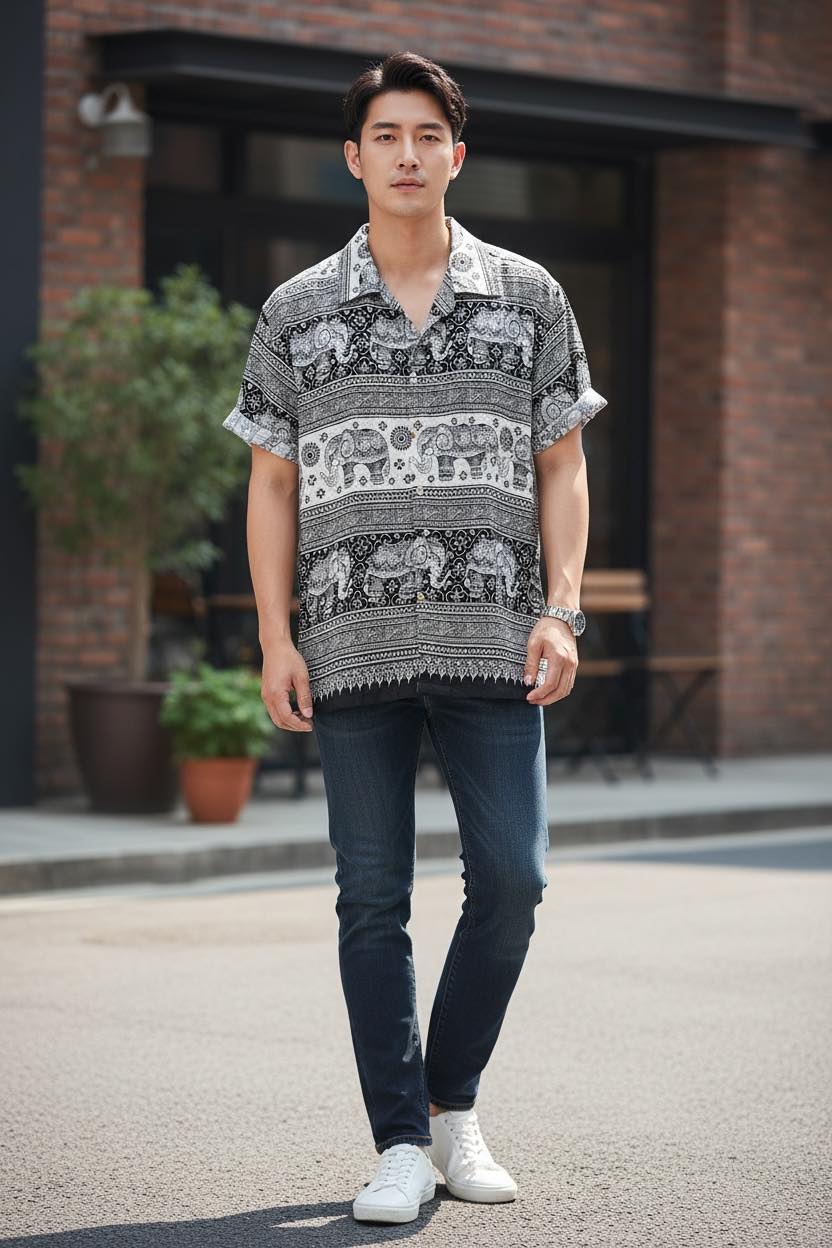 Thai Elephant Shirt for Men  Lightweight Summer Tropical Shirt