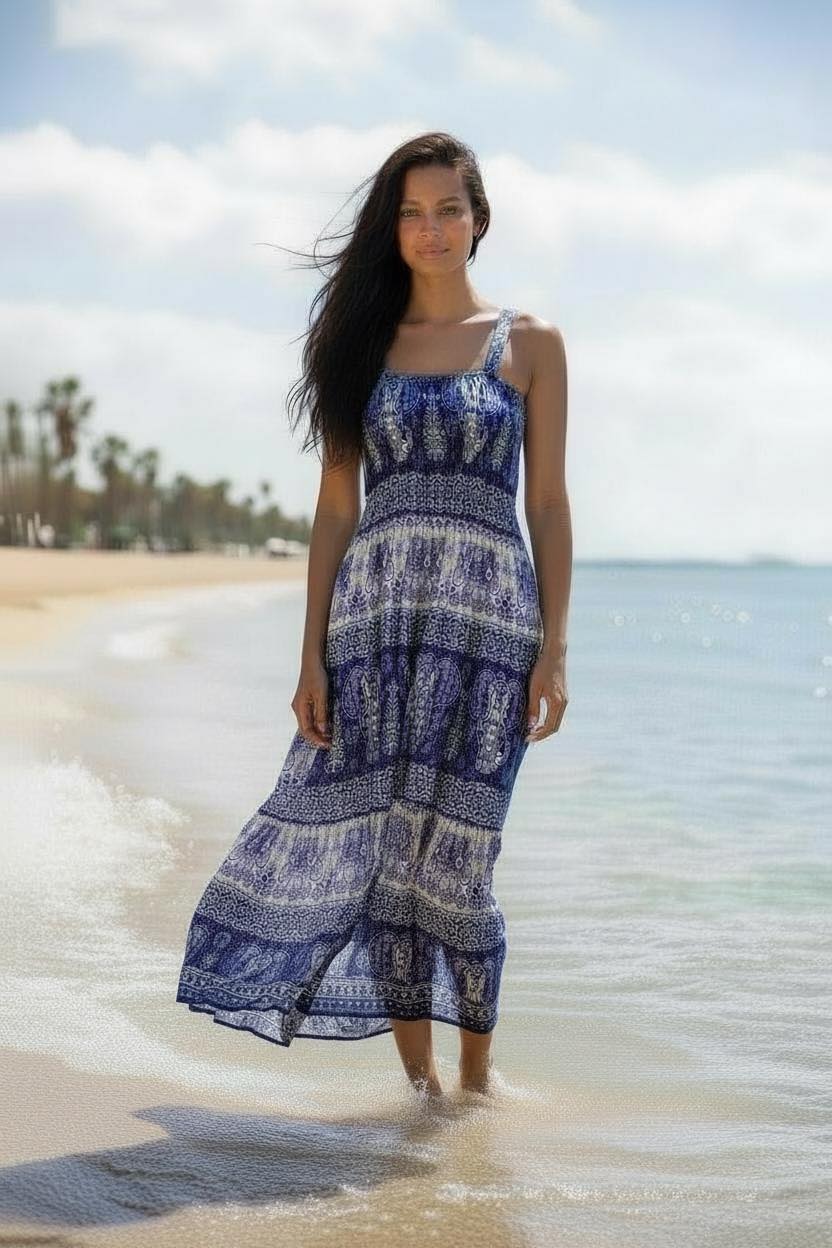 Thai Elephant Maxi Dress  Strap Summer Boho Dress