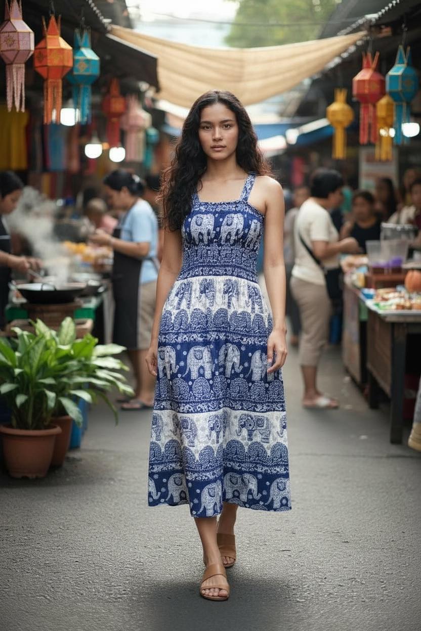 Thai Elephant Maxi Dress  Strap Summer Boho Dress