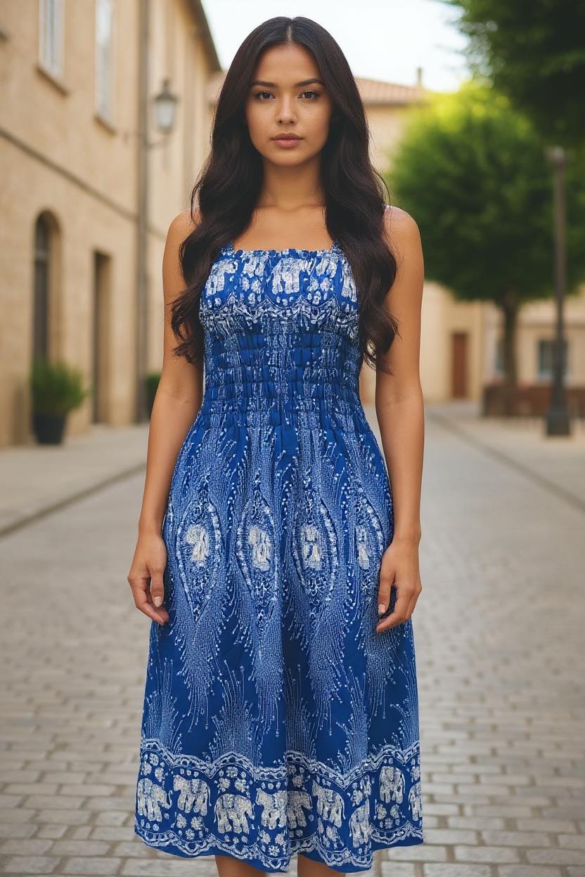Thai Elephant Maxi Dress  Strap Summer Boho Dress