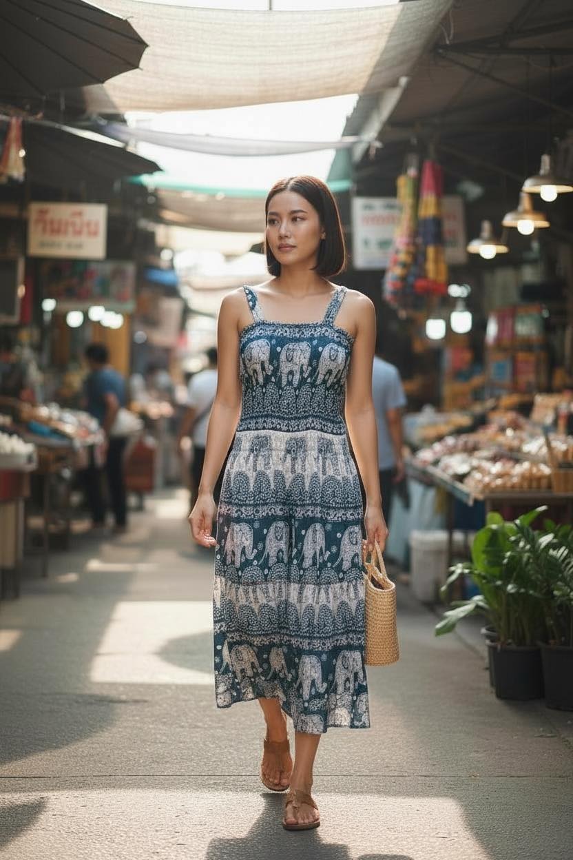 Thai Elephant Maxi Dress  Strap Summer Boho Dress