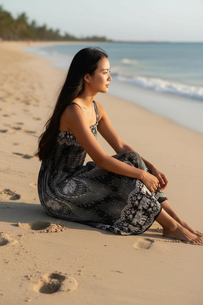 Thai Elephant Maxi Dress  Strap Summer Boho Dress