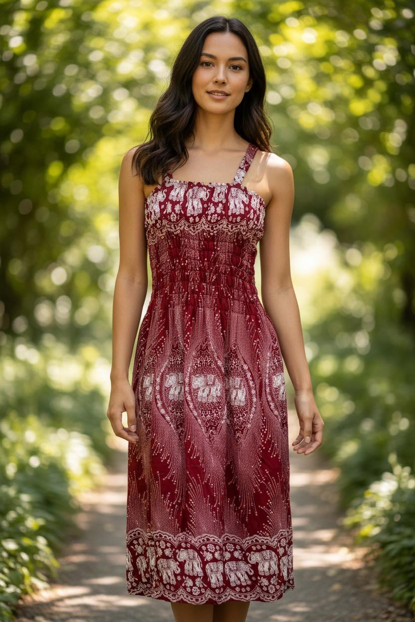 Thai Elephant Maxi Dress  Strap Summer Boho Dress