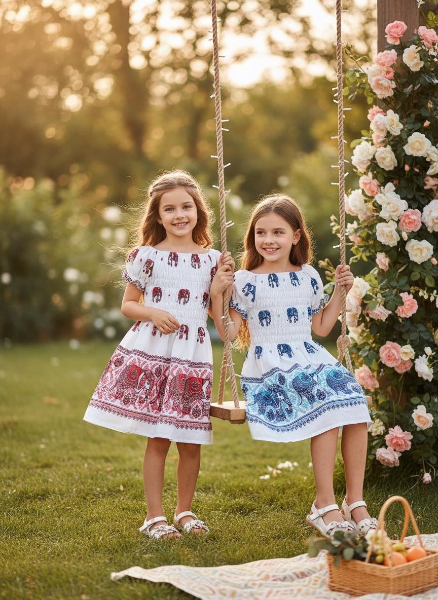 Thai Elephant Kids Dress Lightweight Cotton Summer Dress