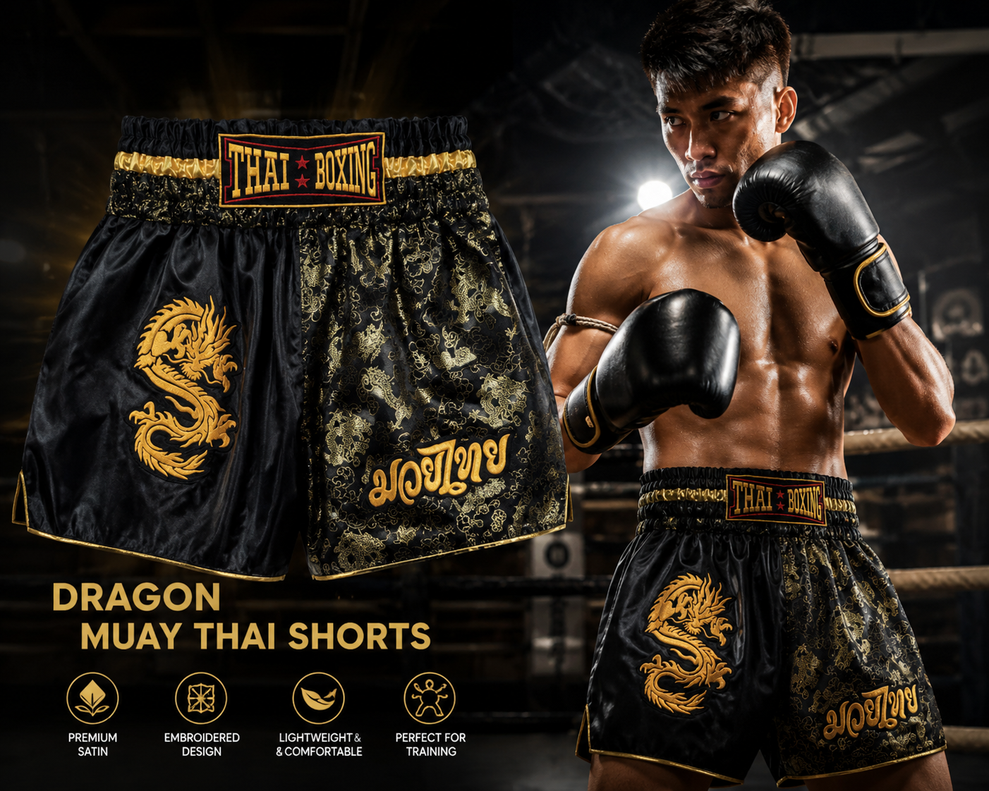 Dragon Embroidered Muay Thai Shorts