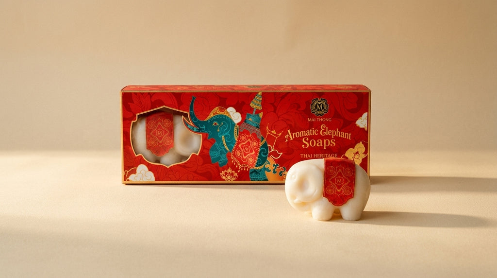 Coffret cadeau thaïlandais de 3 savons à la noix de coco Mai Thong en forme d’éléphant