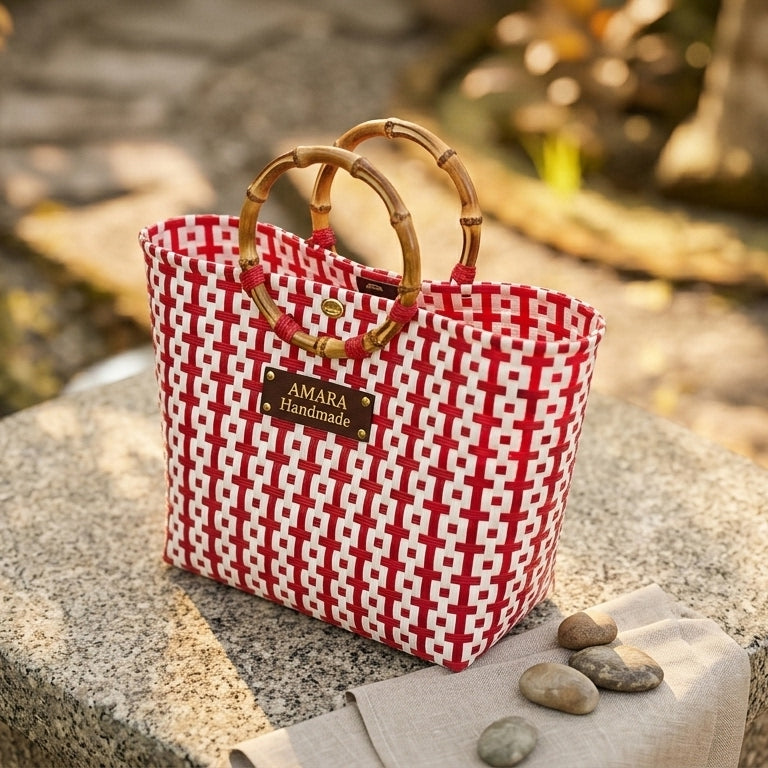 AMARA Handmade Woven Bag  Bamboo Handle Edition