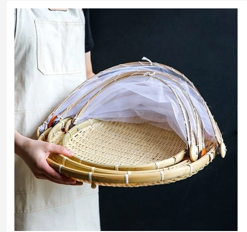 Foldable Bamboo Food Cover  Natural Mesh Protector