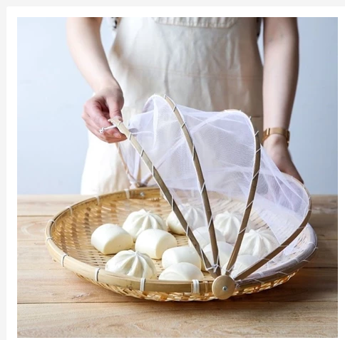 Foldable Bamboo Food Cover  Natural Mesh Protector