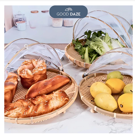 Foldable Bamboo Food Cover  Natural Mesh Protector