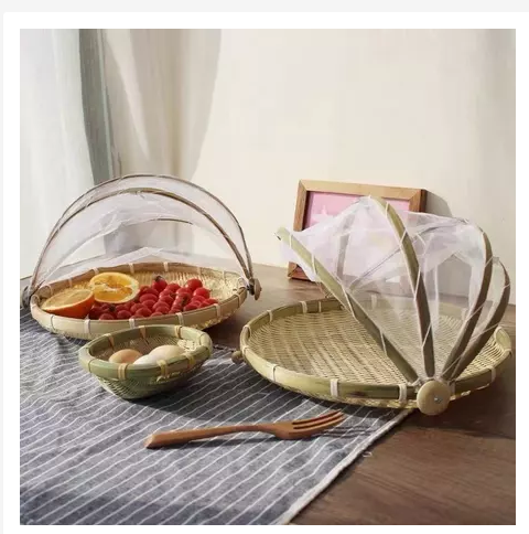 Foldable Bamboo Food Cover  Natural Mesh Protector