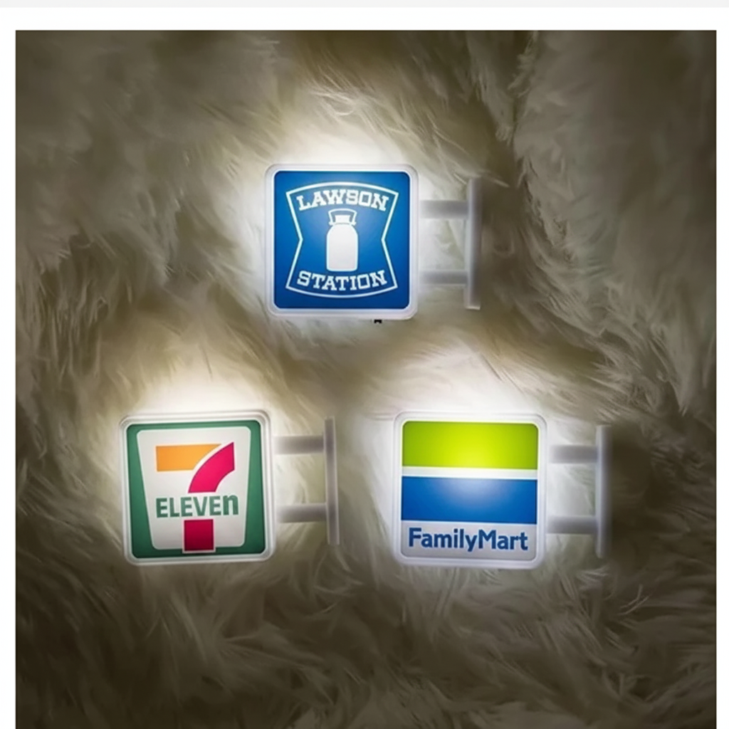Three illuminated signs featuring Lawson, 7-Eleven, and FamilyMart logos on a fluffy background.