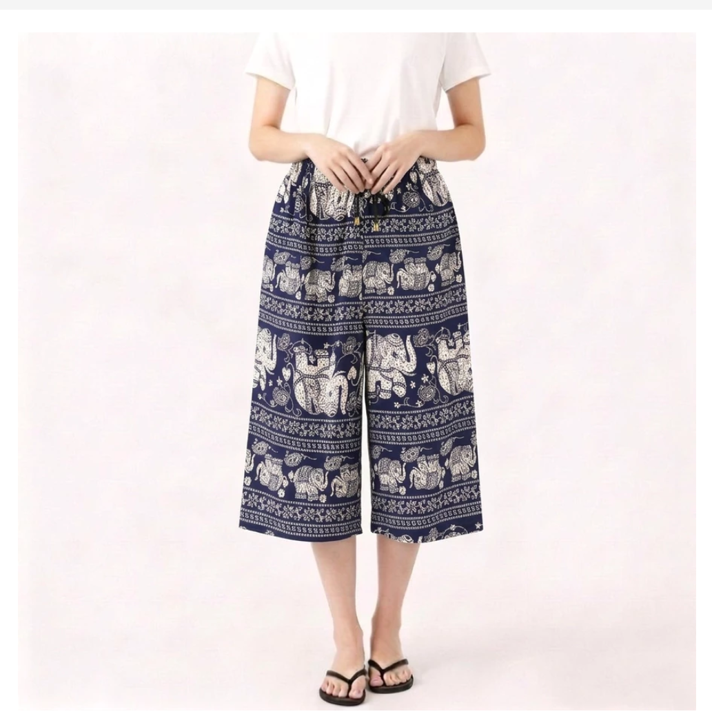 Thai Knee-Length Pants Traditional Print Relaxed Fit