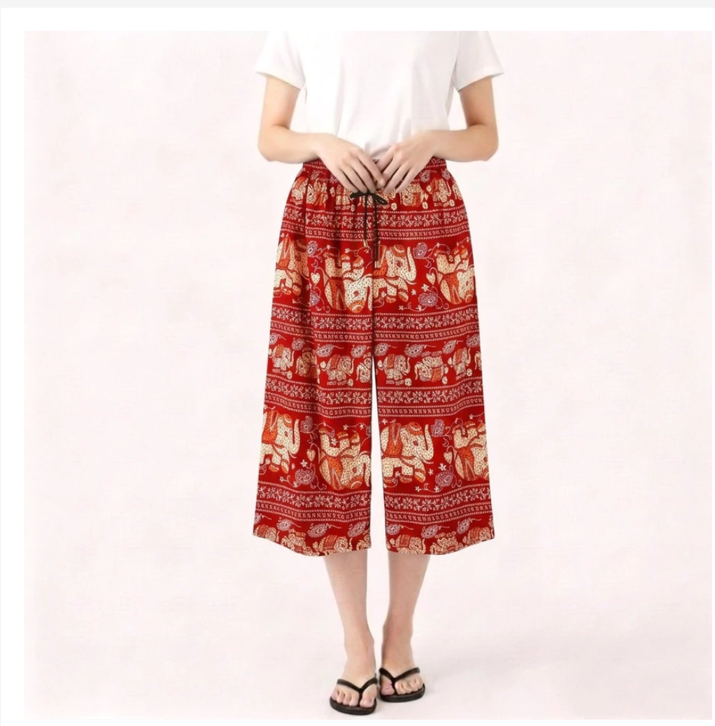 Thai Knee-Length Pants Traditional Print Relaxed Fit