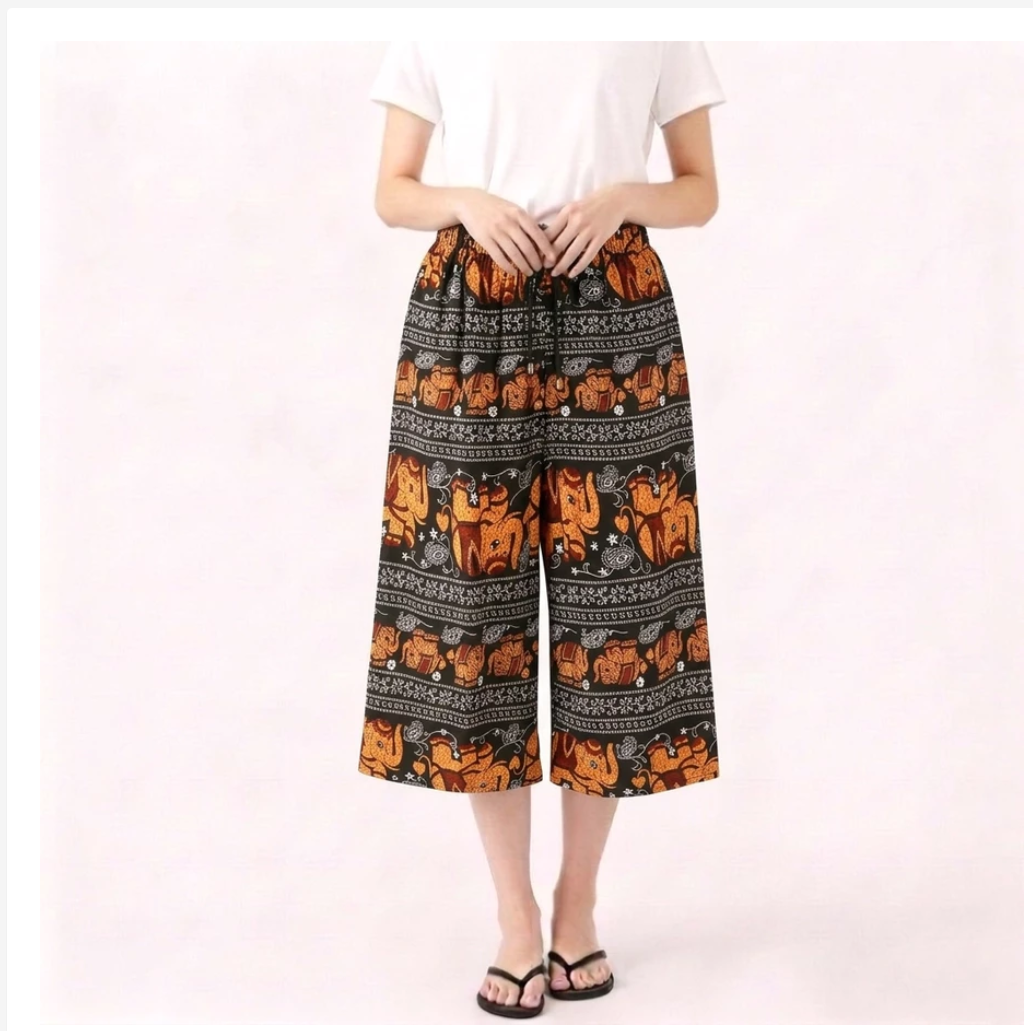 Thai Knee-Length Pants Traditional Print Relaxed Fit
