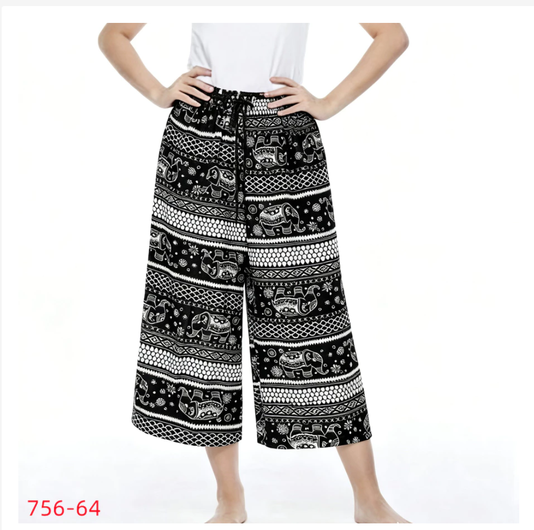 Thai Knee-Length Pants Traditional Print Relaxed Fit