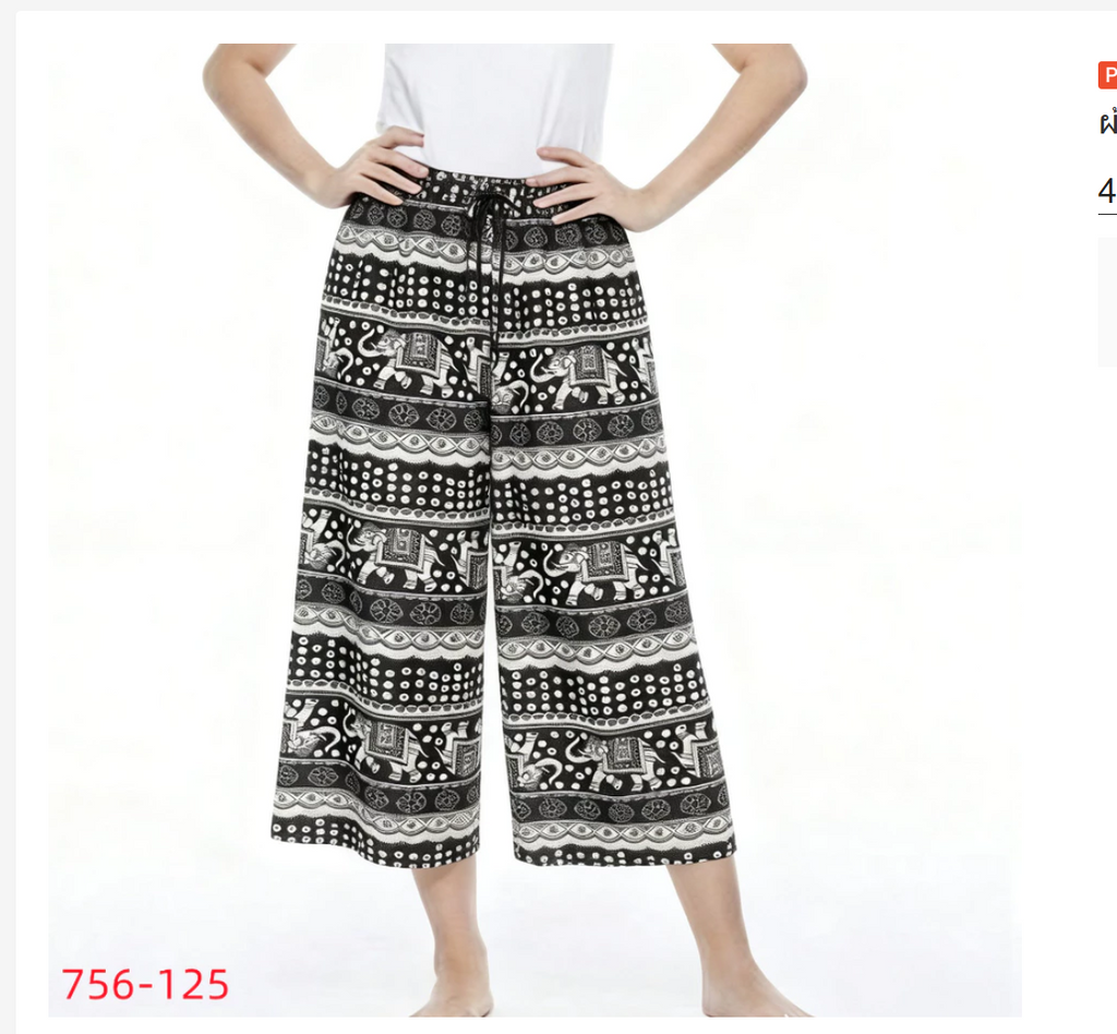 Thai Knee-Length Pants Traditional Print Relaxed Fit