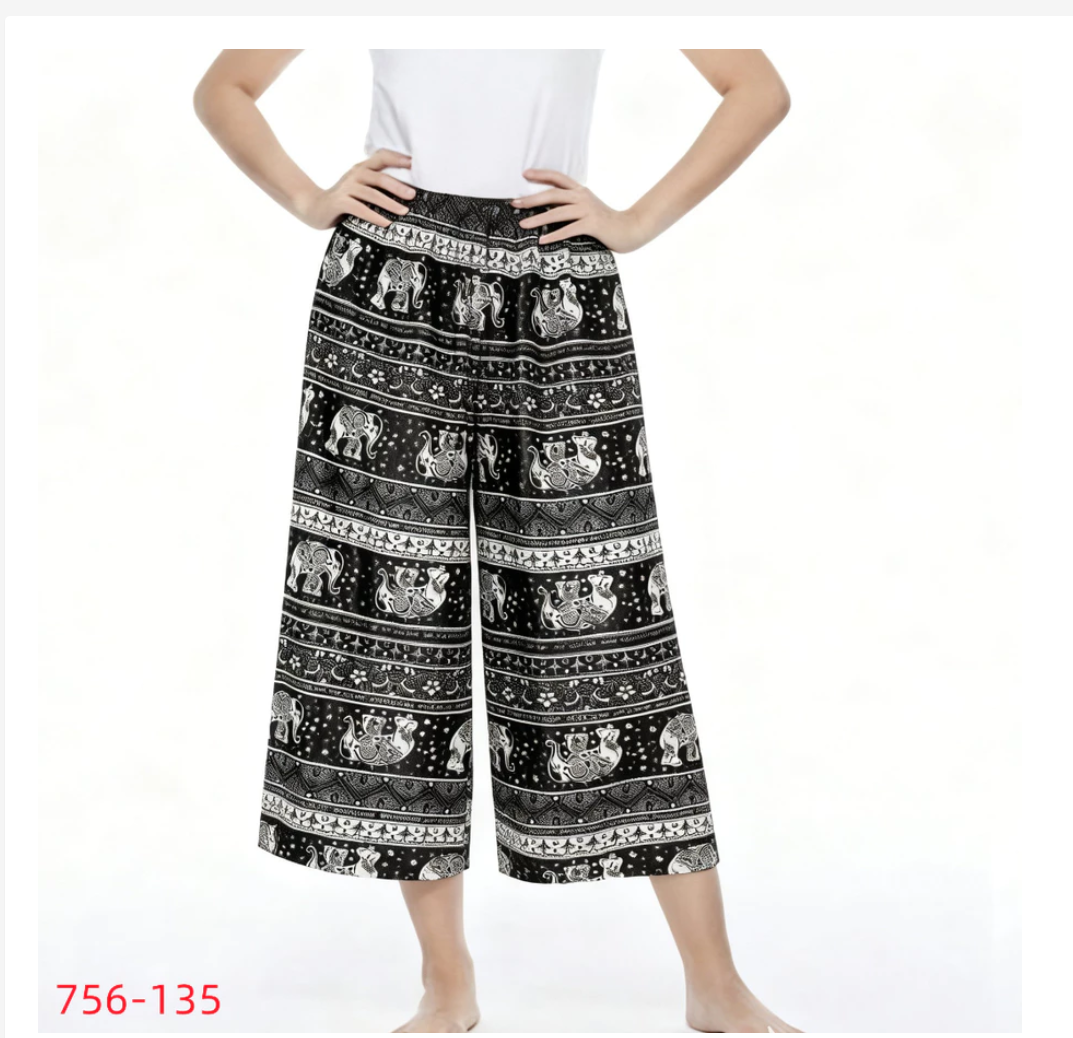Thai Knee-Length Pants Traditional Print Relaxed Fit