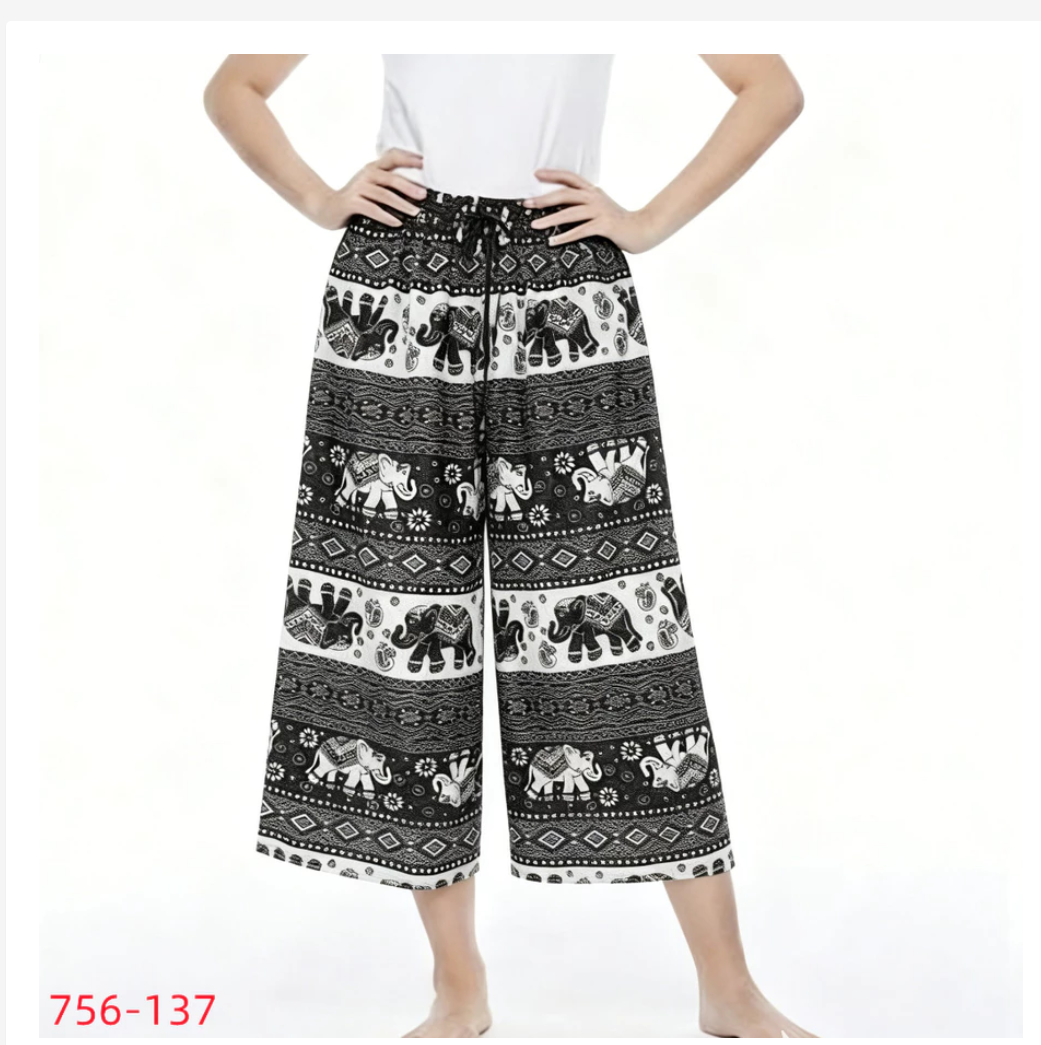 Thai Knee-Length Pants Traditional Print Relaxed Fit