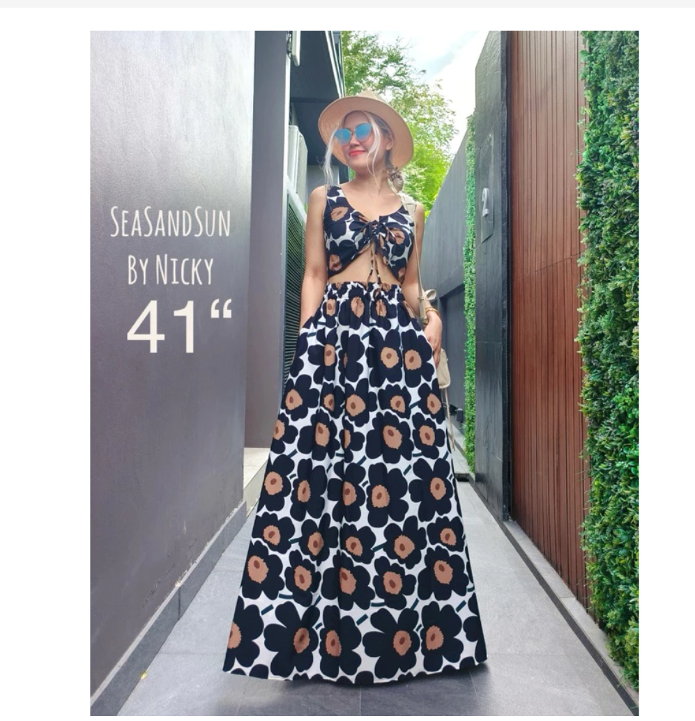 Thai Elephant Maxi Skirt Set  Premium Boho Crop Top & Flowing Skirt