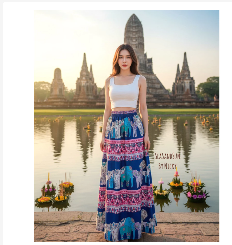 Thai Elephant Maxi Skirt Set  Premium Boho Crop Top & Flowing Skirt
