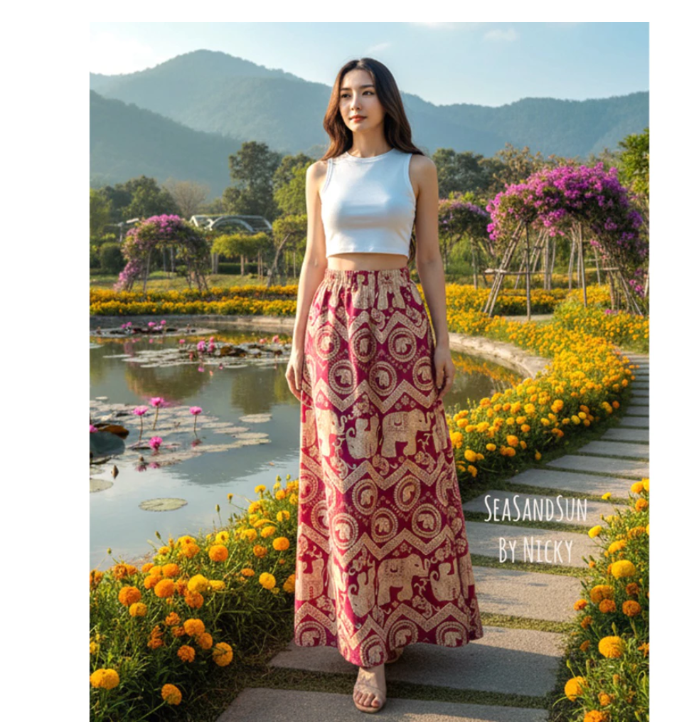 Thai Elephant Maxi Skirt Set  Premium Boho Crop Top & Flowing Skirt