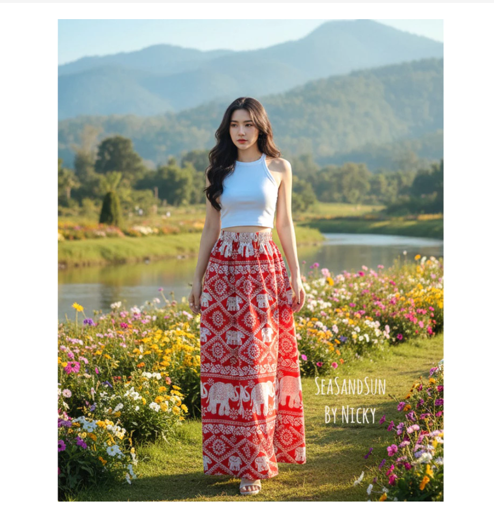 Thai Elephant Maxi Skirt Set  Premium Boho Crop Top & Flowing Skirt