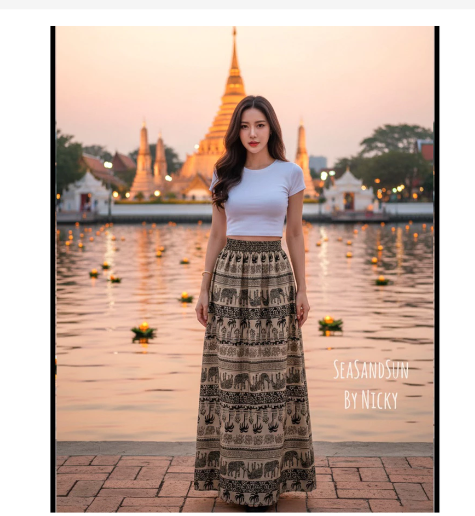 Thai Elephant Maxi Skirt Set  Premium Boho Crop Top & Flowing Skirt