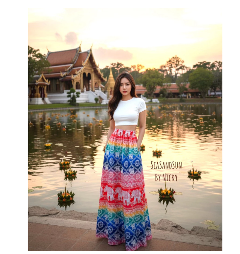 Thai Elephant Maxi Skirt Set  Premium Boho Crop Top & Flowing Skirt