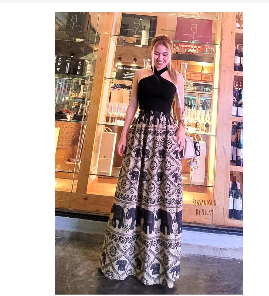 Thai Elephant Maxi Skirt Set  Premium Boho Crop Top & Flowing Skirt